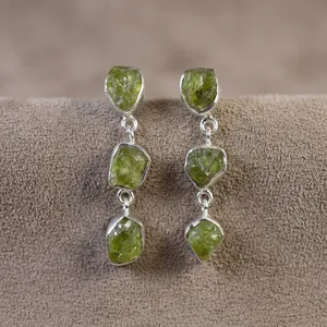Raw Green Peridot 925 Sterling <b>Silver</b> <b>Earring</b> Bohemian Bezel Set Gemstone Women's Everyday Wear Handmade Jewelry Gift - Product Image 3