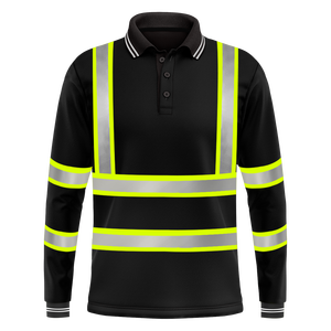 Polo unisexe haute visibilité en polyester rose et bleu marine avec bandes réfléchissantes, certifié CE/EU, vêtements de travail - Product Image 6