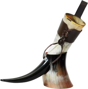 Cuerno Natural con Soporte de Cuero, Cuerno para Beber con Base de Cuero, Estilo Artesanal Pulido para Navidad, Cuerno Animal Único. - Product Image 1