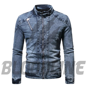 Chaqueta de Motociclista BLOODLINE INTERNATIONAL, Estilo Blouson, de Mezclilla, Manga Larga, Cuello con Botones, Cierre de un Solo Botón, Color Azul Sólido Lavado, para Invierno - Product Image 3