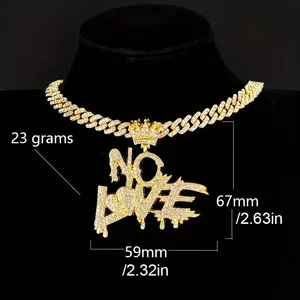Briva Jewels Collier Pendentif Hip Hop pour Homme Moissanite Iced No Love Chaîne Maille Cubaine Plaqué Or Argent Bijoux de Mode Cadeau - Product Image 2