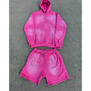 Acid Wash Sun Faded Distressed Vintage Hoodie And Sweat Shorts Custom Full Zip Up Hoodie Shorts <b>Set</b> for man - Product Image 2
