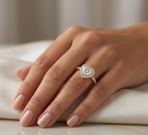 Bague de fiançailles en or jaune 14 carats avec diamant de laboratoire taille cœur 2 carats, halo pavé, pour femme, certifiée GIA, cadeau d'anniversaire - Product Image 6