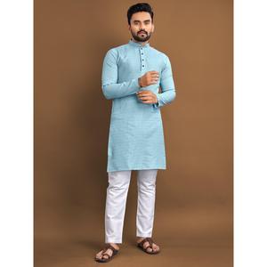 JACQUARD EN SOIE DOUX FANTAISIE BUTTI TRAVAIL HOMME KURTA AVEC PYJAMA SKY - Product Image 1