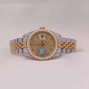 Gold and silver <b>diamond</b> wristwatch with ornate bezel sparkling dial roman numeral markers date display elegant craftsmanship - Product Image 1