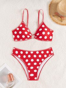Women's <b>Red</b> Polka Dot Two Piece <b>Bikini</b> <b>Set</b> Printed Summer Crossed Halter Top Hipster Bottom Contrast Binding Stretch Swimwear - Product Image 6