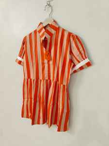 Robe en coton rayée orange pour femmes, manches courtes, col, robe d'été, robe bohème décontractée, mini robe - Product Image 4