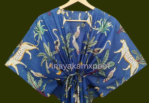 Kimono de Algodón con Estampado de Selva Tropical Azul, Túnica Midi para Playa, Ropa de Verano Ecológica y Transpirable para Mujer - Product Image 4