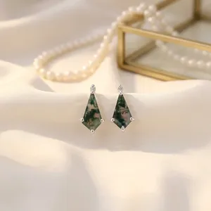 Boucles d'oreilles clous en argent sterling 925 avec agate verte mousse taille poire, bijoux élégants en pierres précieuses pour femmes, vente en gros - Product Image 6