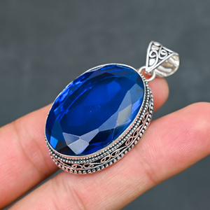 Magnifique pendentif en topaze bleue de Londres, pierre précieuse créée en laboratoire, en argent sterling 925, fait main, bijou statement, cadeau pour femme - Product Image 4