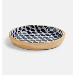 Bandeja de Servir de Madera Hecha a Mano, Color Azul Índigo con Patrón de Puntos, Plato Redondo de Gres, Bandeja Decorativa de Madera para Aperitivos, Vajilla - Product Image 1
