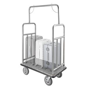 Hotel Luggage Cart 1200 LBS Load Capacity <b>Brushed</b> Stainless Steel Finish Bellman's Cart Valet Cart with Grey Carpeted <b>Deck</b> - Product Image 1