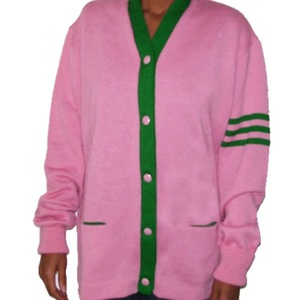 Cárdigan de punto rosa para mujer de la hermandad universitaria, con cuello en V de contraste verde, manga larga, estilo universitario rosa y verde - Product Image 1