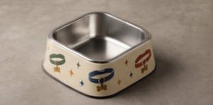 Durable Cream Enamel Pet Food Bowl <b>Collar</b> Print Square Stainless Steel <b>Dog</b> Cat Feeding Dish Non <b>Slip</b> Rubber Base OEM Pet Feeder - Product Image 2