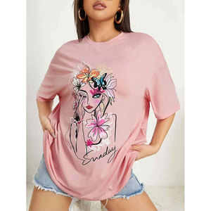 T-shirt ample à col rond et manches courtes pour femme, rose, couleur unie, imprimé numérique écologique, 100 % coton jersey, printemps - Product Image 5