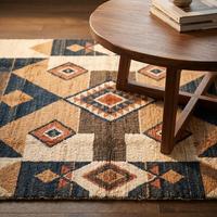 Tapis d'intérieur classique à poils plats de épaisseur moyenne, noué à la main, en laine unique à motif floral, motifs d'inspiration sud-ouest, à franges, pour salon