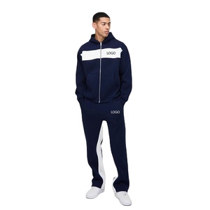 High Quality Blank Oversize Color Block Navy Men Zip Hoodie & Flare <b>Sweatpants</b> set Unisex Plus size Cheap Color Block tracksuit - Product Image 1