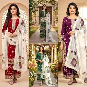 Ensemble de tenue ethnique de créateur en soie, brodé de sequins, comprenant un haut, un pantalon palazzo et un dupatta en soie tabby à imprimé numérique, prêt-à-porter. - Product Image 4