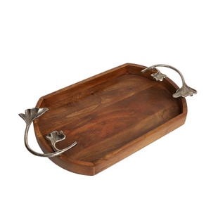 Luxury Design Wood Serving Platter With Gold Leaf Branch Handles Decorative Wooden Tray With Bird Motif For <b>Coffee</b> <b>Table</b> Home - Product Image 3