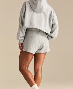 2026 Heavyweight <b>Women's</b> Grey Hooded <b>Zip</b>-<b>Up</b> Sweatshirt Crop <b>Top</b> Full Sleeve Knitted Cotton Blend Breathable Autumn Wear - Product Image 2