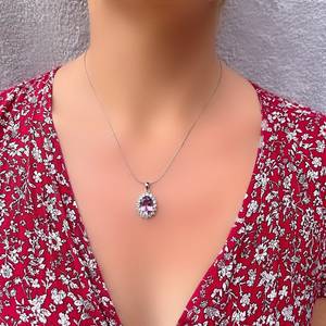 Natural <b>Amethyst</b> Halo Oval Silver Pendant Elegant Purple Gemstone Jewelry February Birthstone Gift For Women Pendant - Product Image 6
