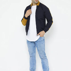 Blouson bomber homme bleu marine et jaune moutarde, coupe légère, décontracté, avec col montant et poignets élastiques - Product Image 2