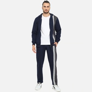 Men's Navy Blue Striped <b>Tracksuit</b> Full Length Zipper Hooded Casual Regular Fit Autumn Wear Breathable Polyester Cotton - Product Image 1