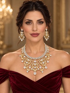 Best Selling <b>Bridal</b> Necklace <b>Set</b> With Floral Design Shimmering White Stones And Cascading Drops Fashion <b>Jewelry</b> For Wedding Wear - Product Image 2