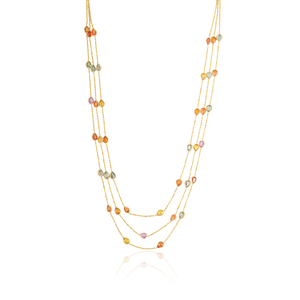 Collier chaîne triple couche tendance en or jaune 18 carats avec pierres précieuses saphir multicolores arc-en-ciel, vente en gros au meilleur prix - Product Image 1