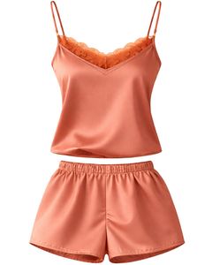 Conjunto de Camiseta y Pantalones Cortos de Satén con Encaje Color Durazno, Pijama para Mujer, Ropa de Dormir Sexy, Ropa de Dormir de Seda Suave, Conjunto de Dos Piezas para Verano - Product Image 1