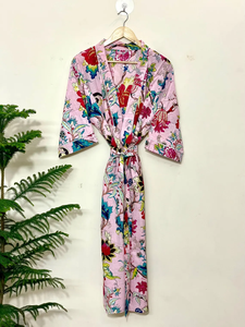 Robe kimono en coton fleuri Nivisaa, légère, unisexe, vêtements de bain et de détente, faite à la main, col en V, manches longues, deux poches, longueur intégrale - Product Image 2
