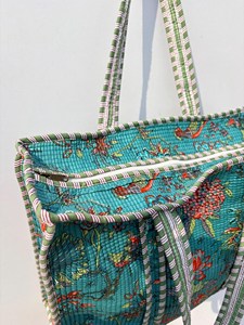 Sac fourre-tout vintage en coton bleu ciel avec imprimé floral, style bohème, sac à main décontracté d'été avec fermeture éclair pour le shopping et les voyages - Product Image 4