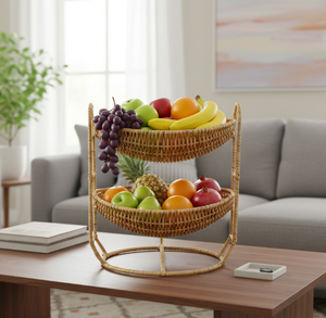 Support à paniers à 2 niveaux en rotin naturel tressé à la main, organisateur polyvalent en osier pour fruits, salon, décoration intérieure, du Vietnam - Product Image 6