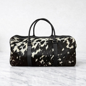 Sac de voyage en cuir de vachette, motif noir et blanc, week-end, grande capacité, fermeture éclair - Product Image 1