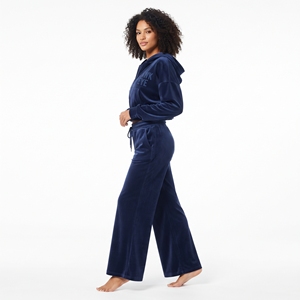 Ensemble de survêtement tendance en velours pour femme, haut court à capuche à manches longues et pantalon large, tenue décontractée, couleur unie, respirant, deux pièces - Product Image 4