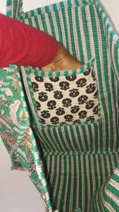 Women Green <b>Quilted</b> Cotton Tote Bag with Blue Floral Hand Block print Open Casual Shopping Reusable <b>Handbag</b> - Product Image 3