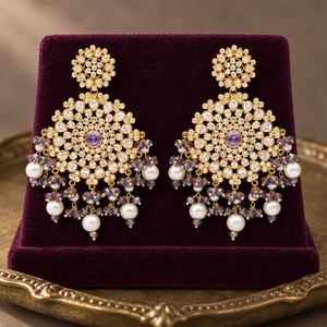 Pendientes de Araña Florales con Piedras Moradas Bañados en Oro y Perlas de Imitación, Joyería de Boda Pakistaní, Suministro al por Mayor Directo de Fábrica - Product Image 6