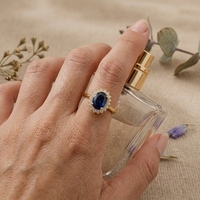 Bague de fiançailles vintage en or 14K 18K avec saphir bleu ovale de 2,50 carats et halo de diamants, bijoux de luxe