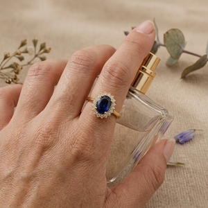 14K 18K <b>Gold</b> Oval Blue Sapphire Halo Diamond <b>Ring</b> Vintage Engagement <b>Ring</b> Luxury Fine Jewelry - Product Image 2