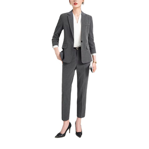 Women's Beige Formal <b>Suit</b> Set Solid Color Notched Lapel Blazer Full Length Pants Anti-Wrinkle Polyester Autumn Wear - Product Image 6