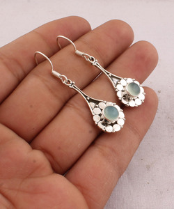 Wholesale Shree Jaipur <b>Silver</b> 925 Sterling <b>Silver</b> Natural Aqua Chalcedony Engagement Dangle <b>Earrings</b> Vintage Handcrafted Flower - Product Image 2