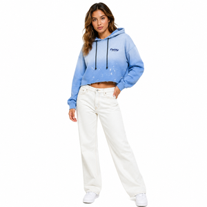 Sweat-shirt à capuche court surdimensionné pour femme avec logo personnalisé, effet éclaboussures de peinture bleue ombrée, ourlet brut, style streetwear, en molleton tie-dye - Product Image 1