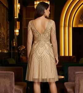 Robe de soirée Art Déco de luxe en sequins dorés, style Great Gatsby vintage, col en V, manches longues, vêtements pour femmes, fabricant - Product Image 3