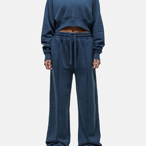 Ensemble de sweat-shirt à capuche bleu pour femmes, pantalon de jogging long, ensemble décontracté en 2 pièces, vêtements de sport en coton tricoté - Product Image 3