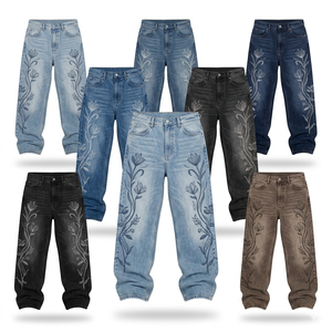 Custom Hot Selling 14oz Stone Washed Denim <b>Jeans</b> Men Streetwear Straight Fit 100% Cotton Solid Color Fade Proof Washable Spring - Product Image 1