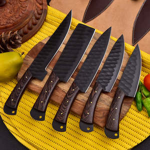 Ensemble de 5 couteaux de cuisine en acier inoxydable avec revêtement en poudre, manche en bois de wengé, lames à pointe tombante, couteaux de chef forgés - Product Image 3