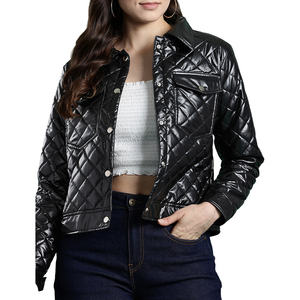 Chaqueta de Cuero PU Acolchada para Mujer, Color Sólido, Cuello Camisero, Manga Larga, Cierre de Cremallera, Largo Regular, para Otoño - Product Image 2