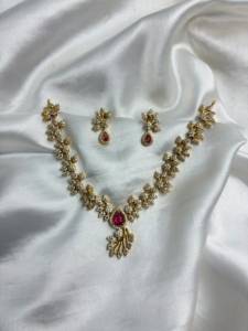 Gold Plated Sapphire <b>Necklace</b> and Earring Set Flower Design Classic Wedding Jewelry for Women Alloy Zinc Material - Product Image 1