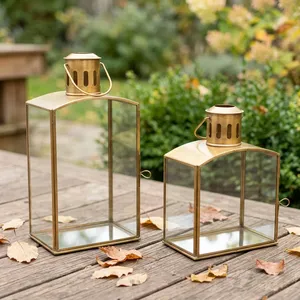 Large Brass Metal Glass <b>Mirror</b> Lantern with Glass <b>Panels</b> Reusable Home Decoration - Product Image 1