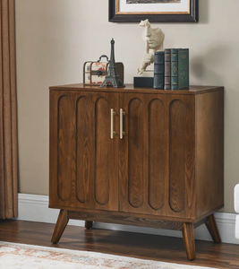 Armoire de rangement contemporaine en bois de noyer foncé à 2 portes, armoire à chaussures nordique pour entrée avec poignées dorées pour salon - Product Image 1